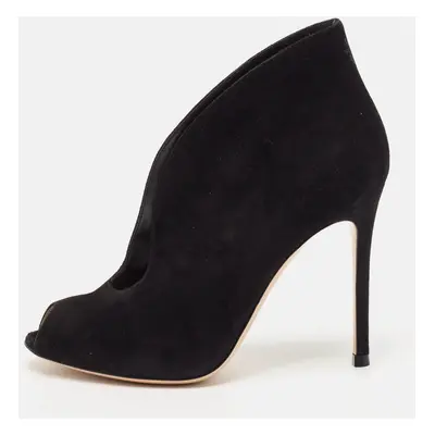 Gianvito Rossi Black Suede Vamp Peep Toe Ankle Booties Size 36.5