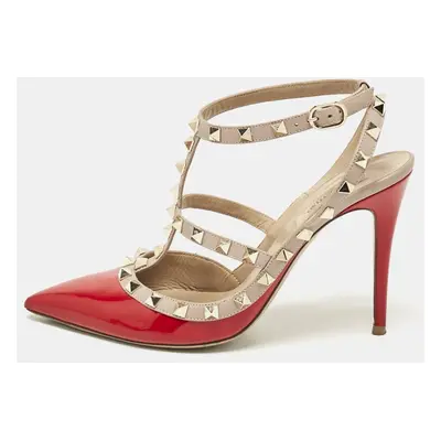 Valentino Red/Beige Patent and Leather Rockstud Ankle Strap Pumps Size