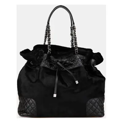 Chanel Black Pony Hair and Quilted Aged Calfskin Drawstring Tote