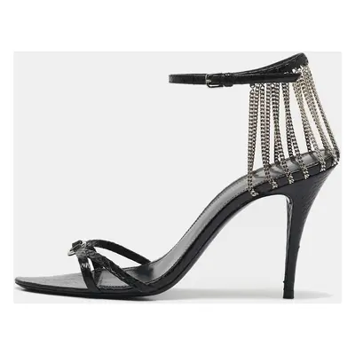 Saint Laurent Black Snakeskin Leather Chain Ankle Strap Sandals Size