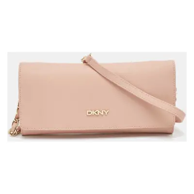 DKNY Pink Saffiano Leather Flap Wallet on Chain