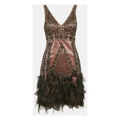 Sue Wong Black/Pink Embellished Tulle Feather Detail Sleeveless Mini Dress