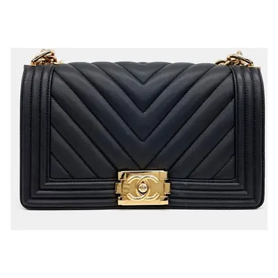 Chanel Black Leather Chevron Boy Medium Bag