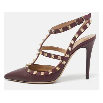 Valentino Burgundy Leather Rockstud Strappy Pointed Toe Pumps Size