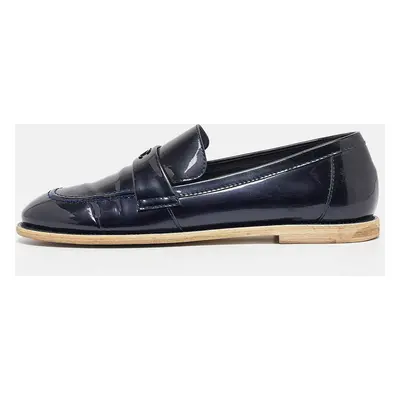 Chanel Navy Blue Patent Leather CC Loafers Size 38.5