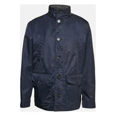 Burberry Navy Blue Synthetic Leather Trim Hooded Jacket