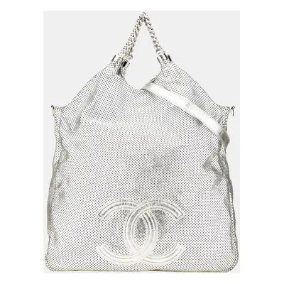 Chanel Silver Large Metallic Glazed Calfskin Perforated Rodeo Drive Satchel