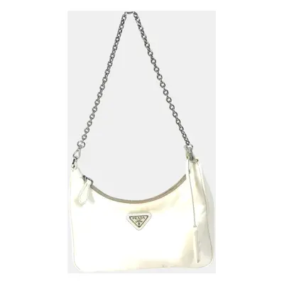 Prada Triangle Logo Triangle Logo Plate Chain With Crossbody Pouch Shoulder Bag White Beige