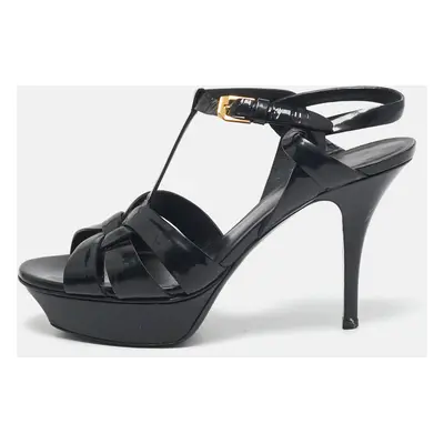 Saint Laurent Black Patent Leather Tribute Ankle Strap Sandals Size