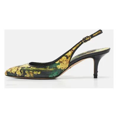 Dolce & Gabbana Yellow Floral Print Leather Slingback Pumps Size 38.5