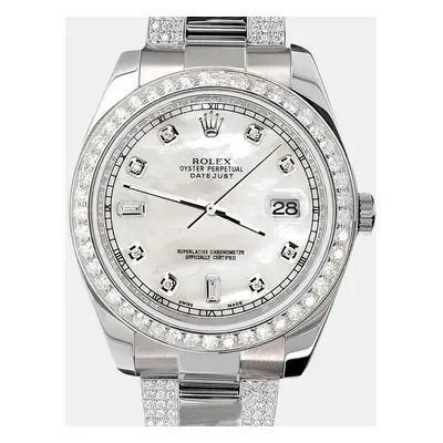 Rolex Custom White MOP 5ct Diamond Stainless Steel Datejust II Automatic Men's Wristwatch mm