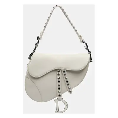 Dior White Studded Leather Saddle Bag