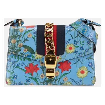 Gucci Blue Small Leather Flora Sylvie Satchel