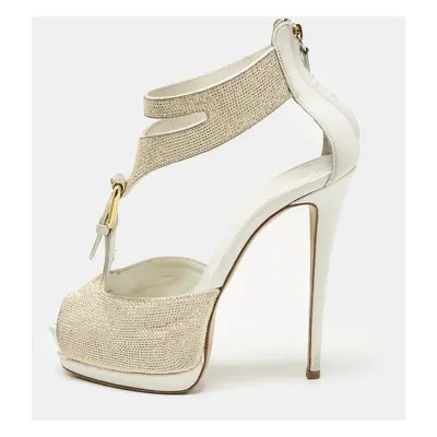 Giuseppe Zanotti White Leather Gold Strass Buckle Sandals Size