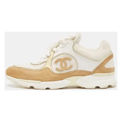 Chanel White/Beige Mesh And Suede CC Low Top Sneakers Size 40.5