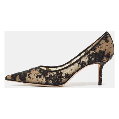 Jimmy Choo Black Floral Lace and Mesh Abel Pointed Toe Pumps Size