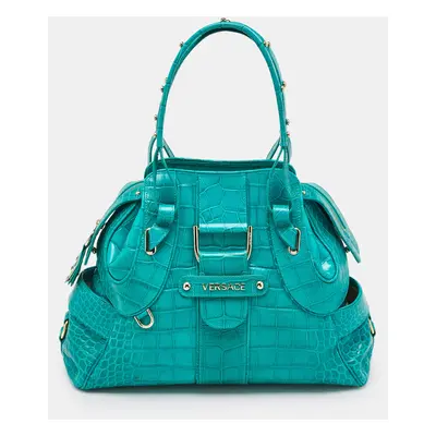 Versace Green Croc Embossed Leather Satchel