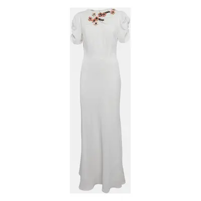 Miu Miu White Floral Embellished Crepe Ruched Sleeve Maxi Dress