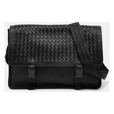 Bottega Veneta Black/Grey Intrecciato Leather and Nylon Messenger Bag