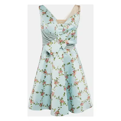 Elisabetta Franchi Green Floral Print Satin Bow Detail Fit and Flare Dress