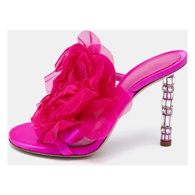 Le Silla Pink Satin Rose Embroidered Slide Sandals Size