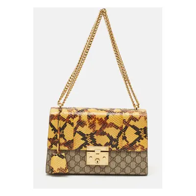 Gucci Yellow/Beige GG Supreme Canvas and Python Medium Padlock Shoulder Bag