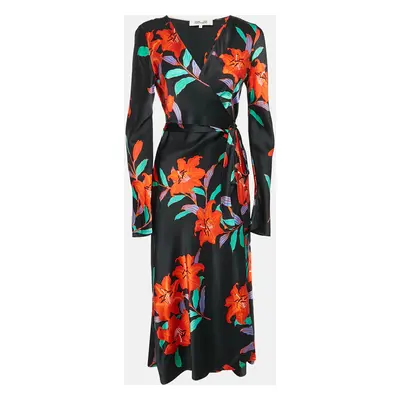 Diane Von Furstenberg Black Floral Print Satin Maxi Wrap Dress