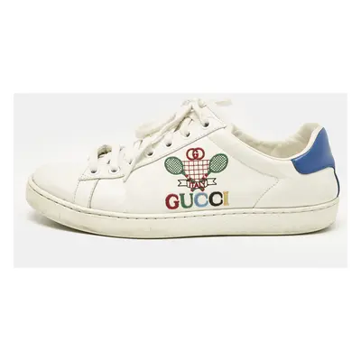 Gucci White/Blue Leather Tennis Embroidered Low Top Sneakers Size 37.5