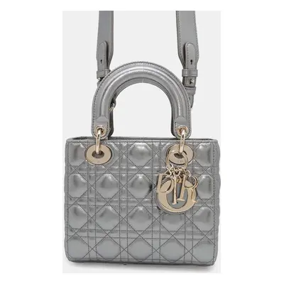 Dior Silver Leather Small Lady Dior Myabcdior Top Handle Bag