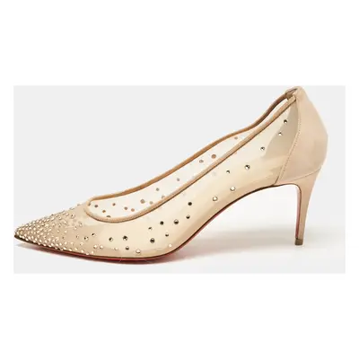 Christian Louboutin Beige Mesh and Suede Follies Strass Pointed Toe Pumps Size