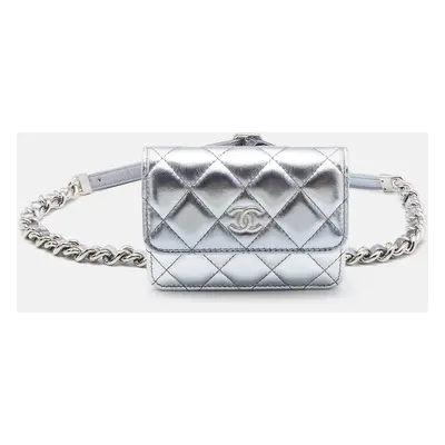 Chanel Silver Quilted Leather CC Chain Belt Bag