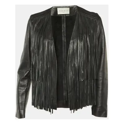 Sandro Black Leather Fringed Open Front Jacket