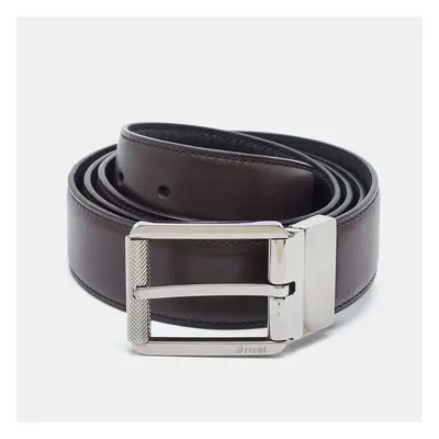 Brioni Black/Dark Brown Leather Cut to Size Reversible Buckle Belt