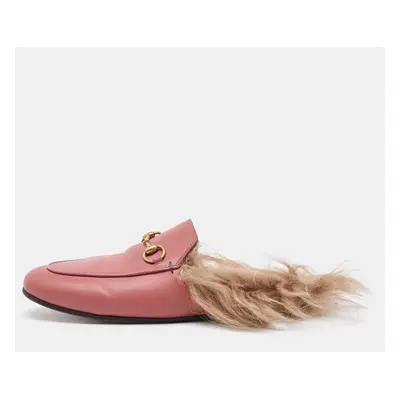 Gucci Pink Leather Horsebit Princetown Fur Flat Mules Size