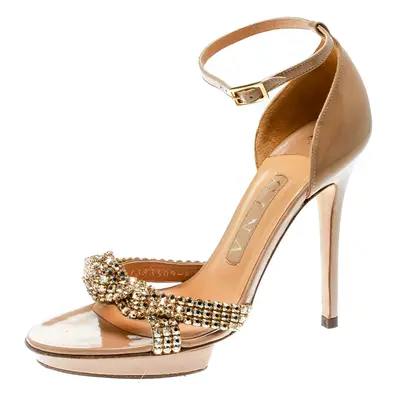 Gina Beige Leather Crystal Embellished Ankle Strap Platform Sandals Size