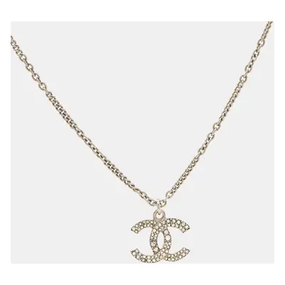 Chanel CC Crystals Faux Pearl Silver Tone Necklace