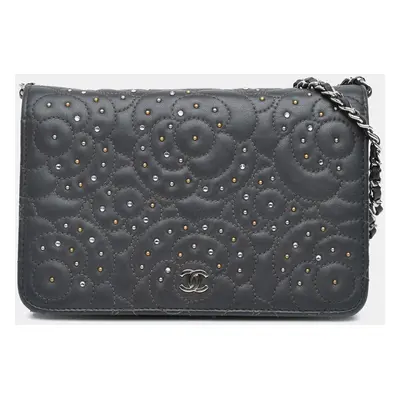 Chanel Black Studded Lambskin Camellia Wallet On Chain