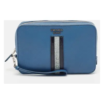 Prada Blue Saffiano Travel Leather and Alligator Clutch