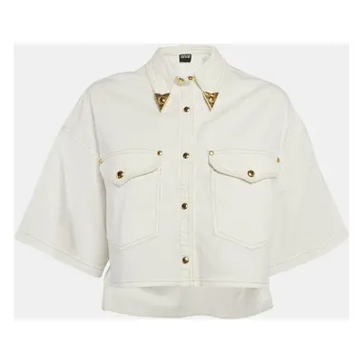 Versace Jeans Couture White Denim Embellished Collar Crop Jacket