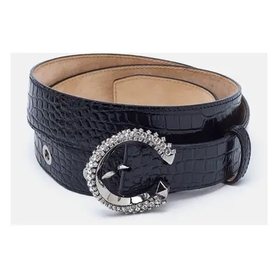 Jimmy Choo Black Croc Embossed Leather Madeline Crystals Buckle Belt 90CM