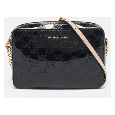 Michael Kors Black Monogram Patent Leather Large Jet Set Crossbody Bag