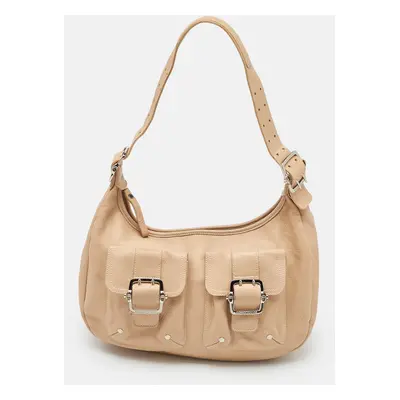 Longchamp Beige Leather Front Double Pocket Shoulder Bag