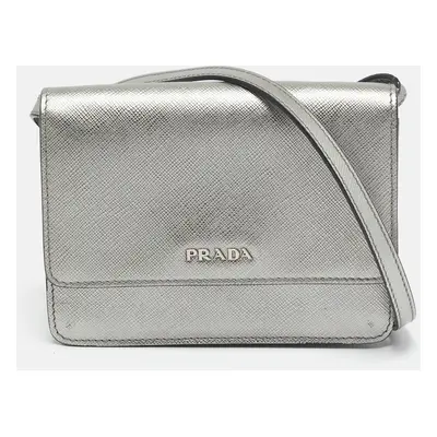 Prada Silver Saffiano Lux Leather Mini Flap Crossbody Bag