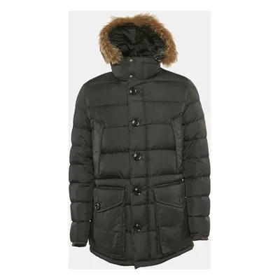 Moncler Black Real Fur Trim Nylon Hooded Down Jacket