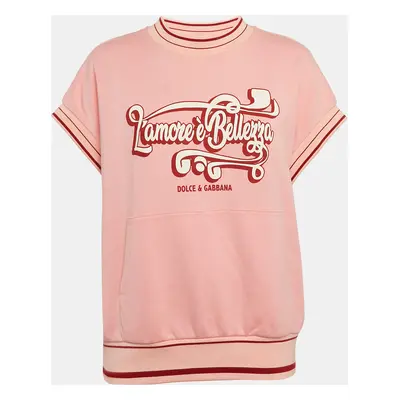 Dolce & Gabbana Pink Printed Cotton Contrast Trim Detail Crew Neck T-Shirt