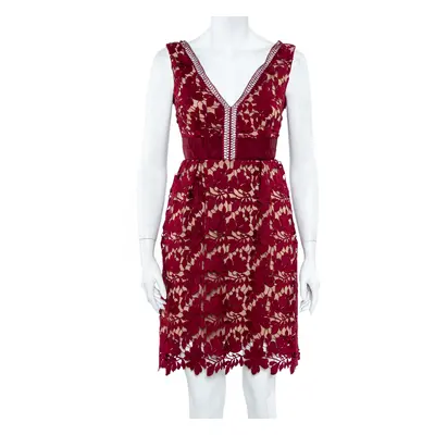 Self-Portrait Burgundy Guipure Lace Plunge Neck Detail Short Dress