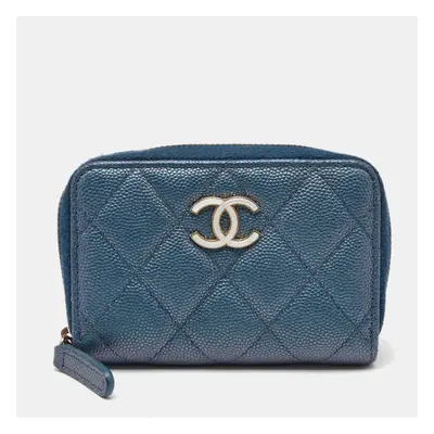 Chanel Blue Quilted Shimmer Caviar Leather Classic Zipped Coin Purse