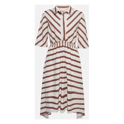 Maje White/Red Striped Gabardine Asymmetric Midi Dress