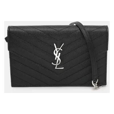 Saint Laurent Black Cassandre Matelassé Leather Wallet On Chain