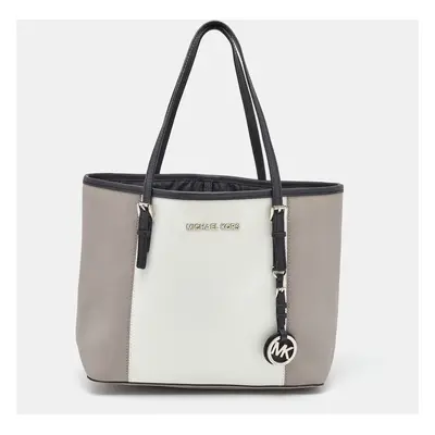 MICHAEL Michael Kors Grey/White Saffiano Leather Jet Set Tote